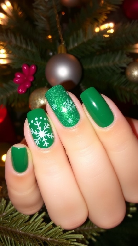 Elegant green Christmas nails with snowflake designs and glitter, set against a festive background.